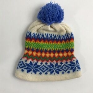Vintage kids knit Winter Hat colorful pattern with pom pom